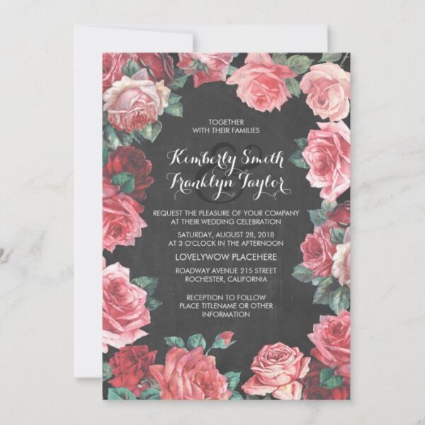 vintage floral - pink roses chalkboard wedding invitation
