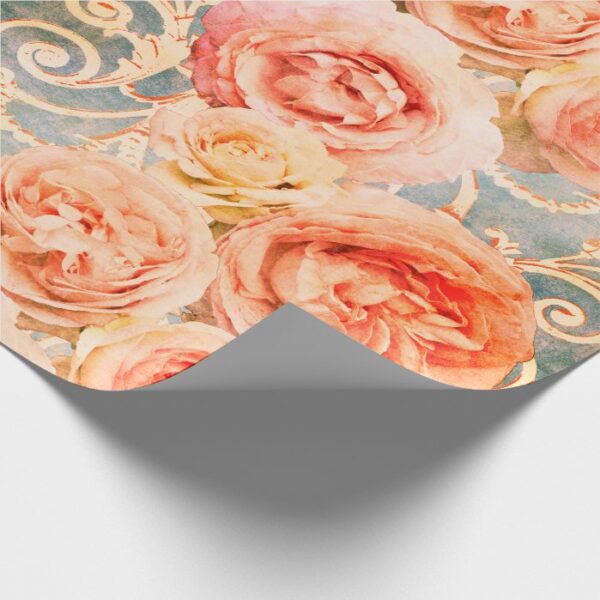 Vintage Floral Rose Coral Peach Damask Wrapping Paper