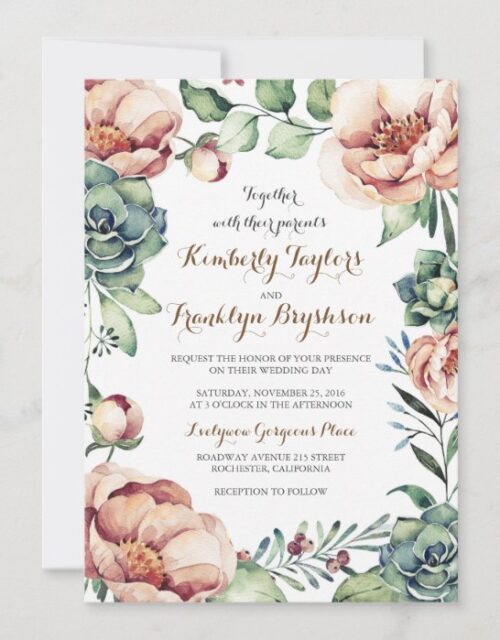 Vintage Floral Wreath Watercolors Fall Wedding Invitation