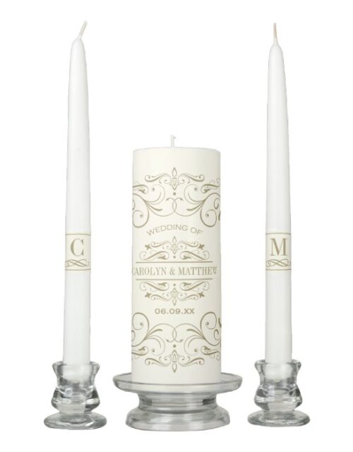 Vintage Ivory Antique Flourish Wedding Monogram Unity Candle Set