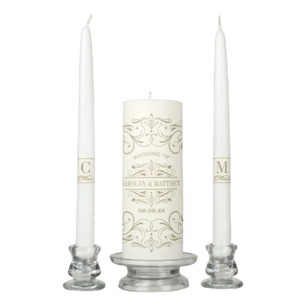 Vintage Ivory Antique Flourish Wedding Monogram Unity Candle Set