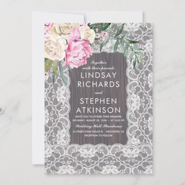 Vintage Lace Rustic Wood Pink Cream Floral Wedding Invitation