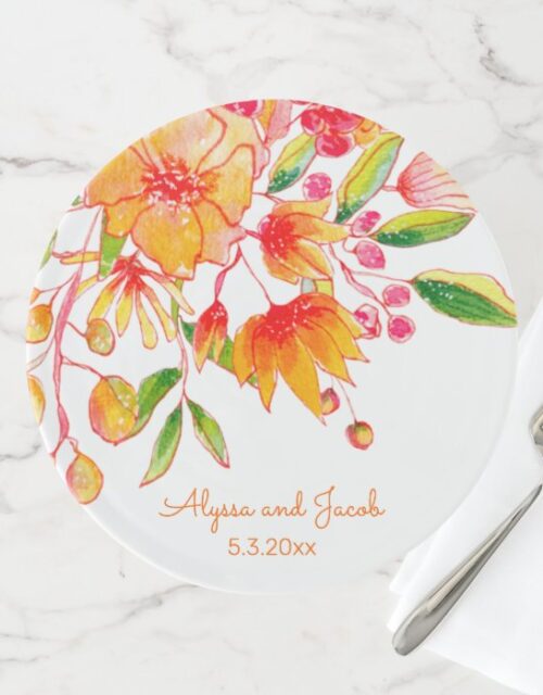 Vintage Orange Watercolor Flowers Personalized Cake Stand