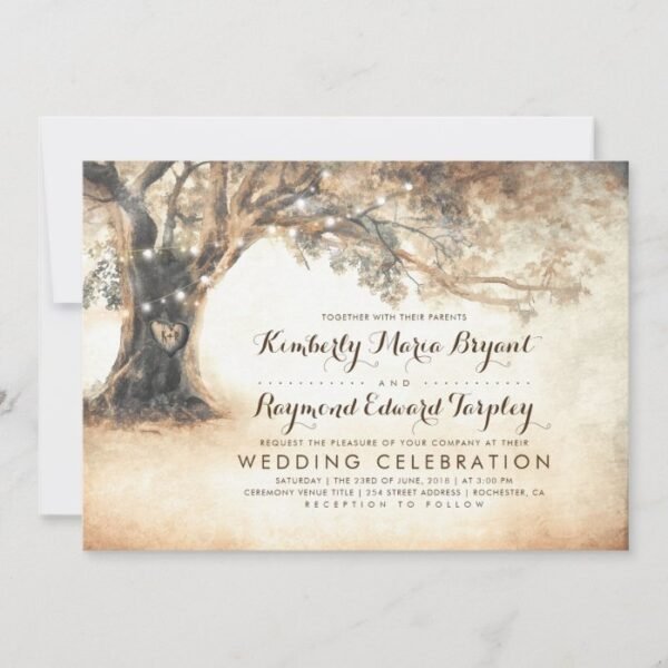 Vintage Rustic Carved Oak Tree Wedding Invitation