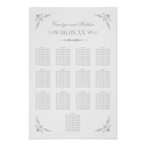 Vintage White Silver Flourish Wedding Seating Poster