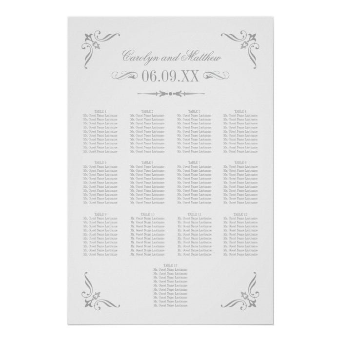 Vintage White Silver Flourish Wedding Seating Poster