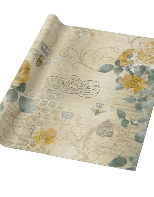 Vintage Yellow Gold Roses Queen Bee Wrapping Paper