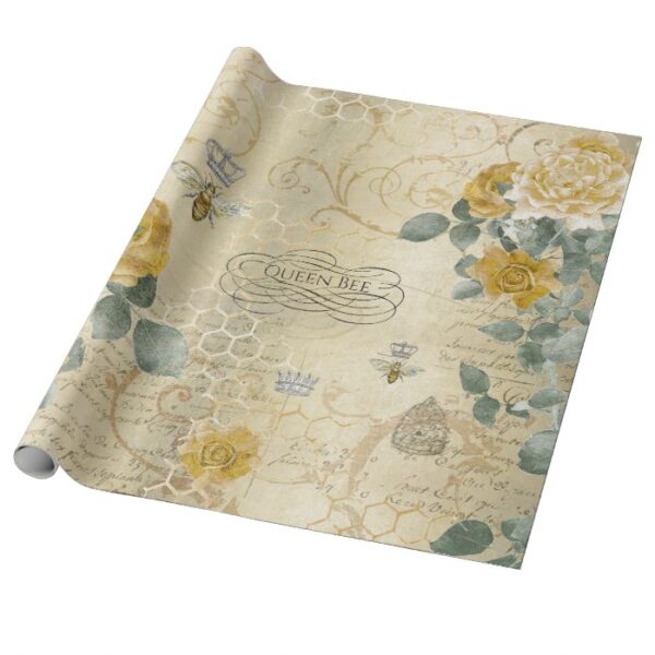 Vintage Yellow Gold Roses Queen Bee Wrapping Paper