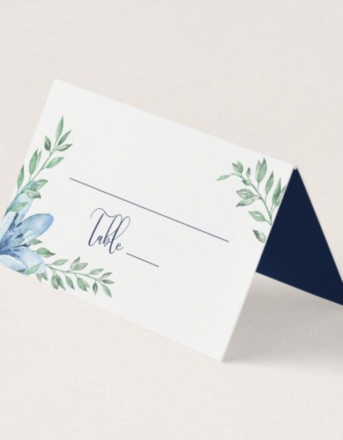 Watercolor Blue Floral Blooms Wedding Table Place Card