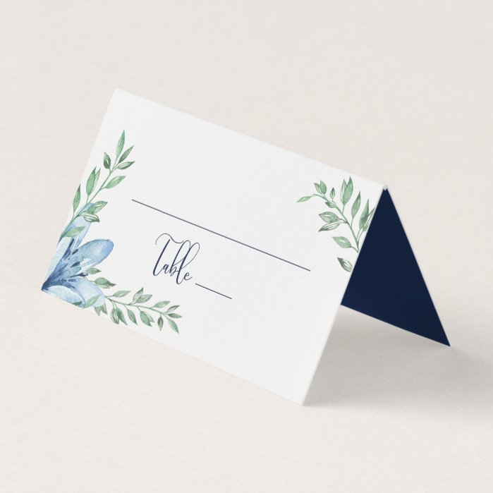 Watercolor Blue Floral Blooms Wedding Table Place Card