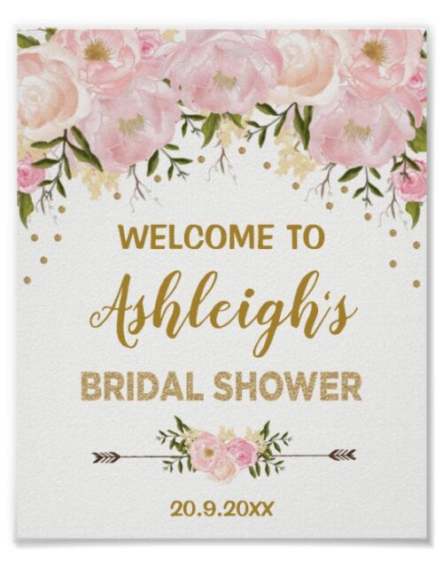 Watercolor Blush Peonies Bridal Shower Welcome Poster