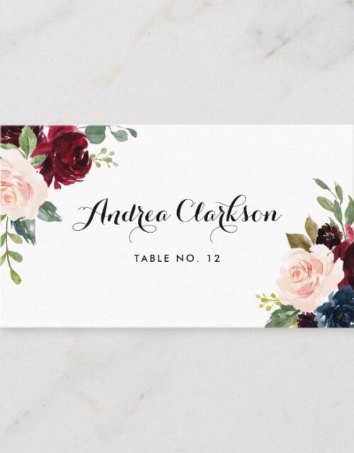 Watercolor Burgundy and Blue Floral Bouquet Place Card