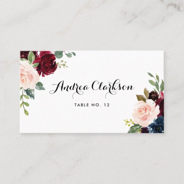 Watercolor Burgundy and Blue Floral Bouquet Place Card