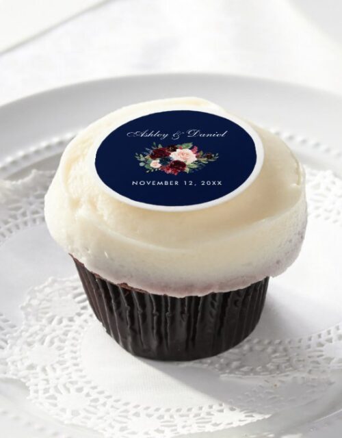 Watercolor Burgundy Blue Floral Wedding Edible Frosting Rounds
