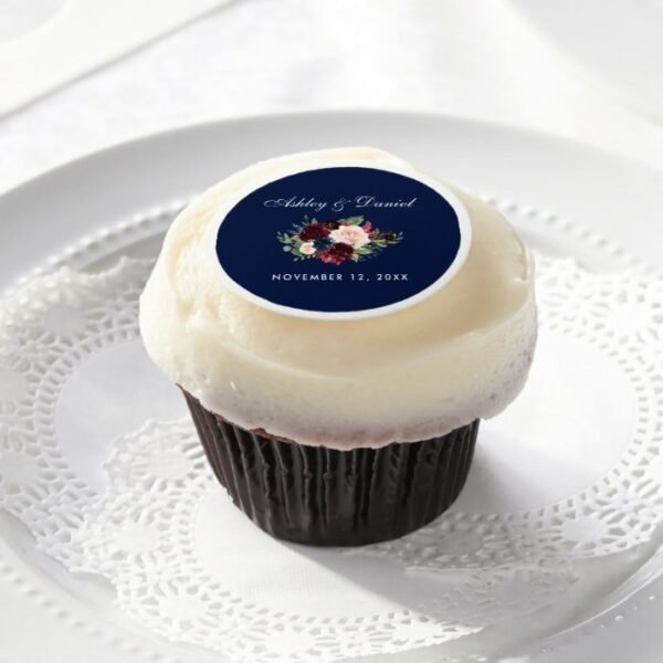 Watercolor Burgundy Blue Floral Wedding Edible Frosting Rounds