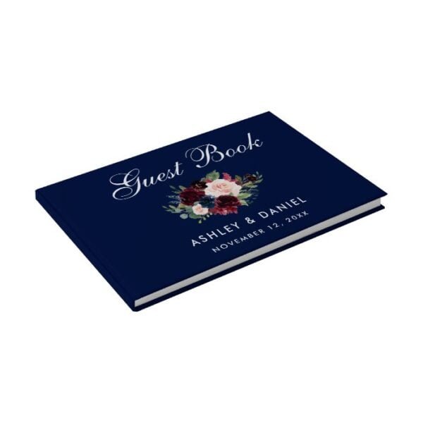 Watercolor Burgundy Blue Floral Wedding Guest Book