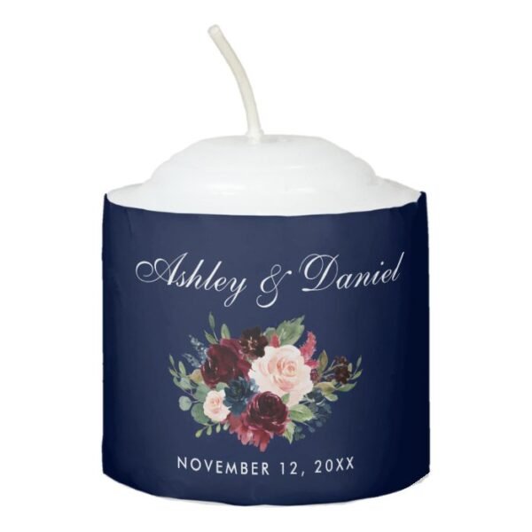 Watercolor Burgundy Blue Floral Wedding Votive Candle