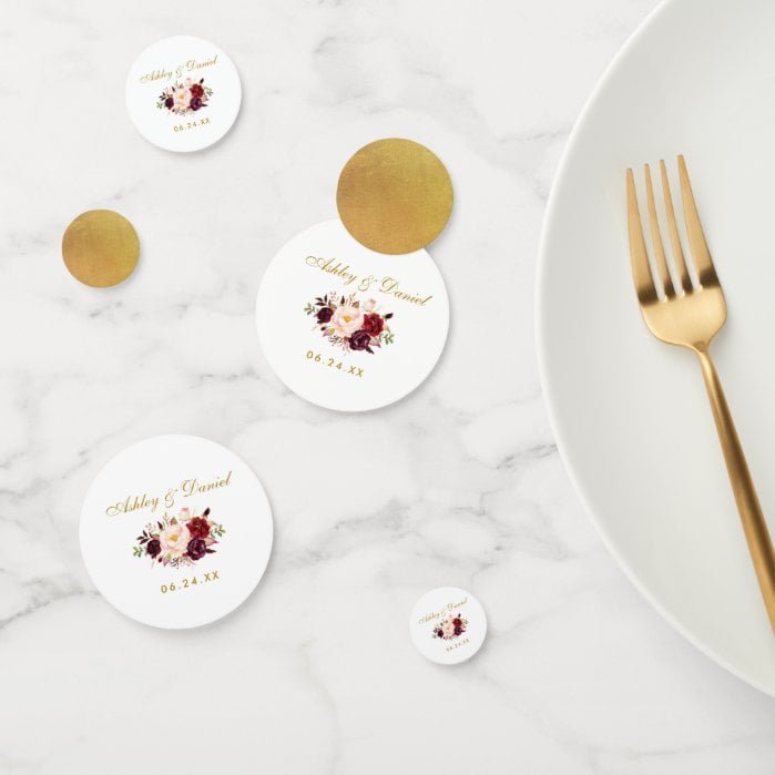 Watercolor Burgundy Floral Gold Wedding Confetti