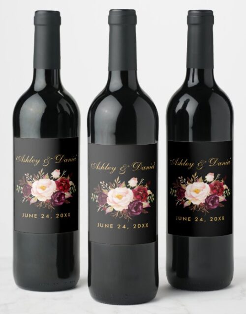 Watercolor Burgundy Floral Wedding Black Gold Wine Label