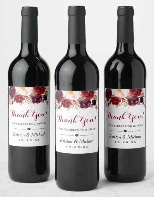 Watercolor Burgundy Red Floral Wedding Thank You Wine Label
