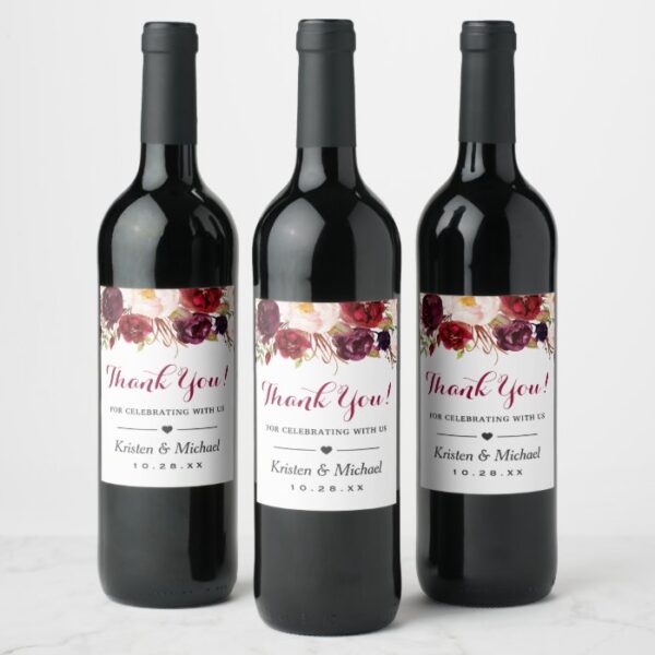 Watercolor Burgundy Red Floral Wedding Thank You Wine Label