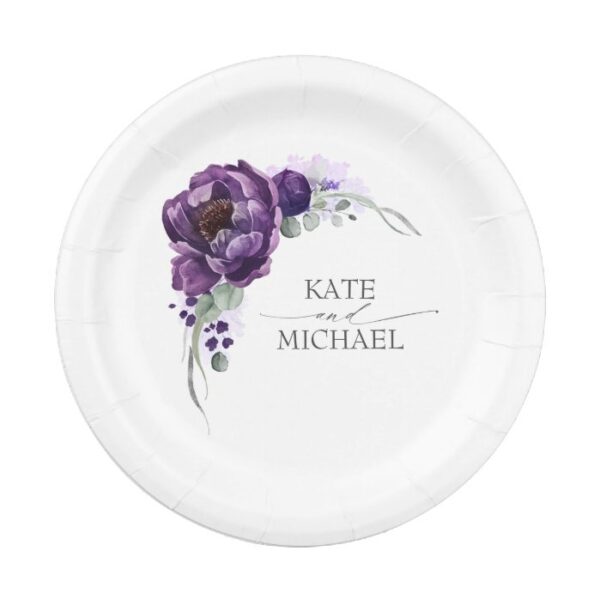 Watercolor Deep Dark Purple Flowers Wedding Paper Plate