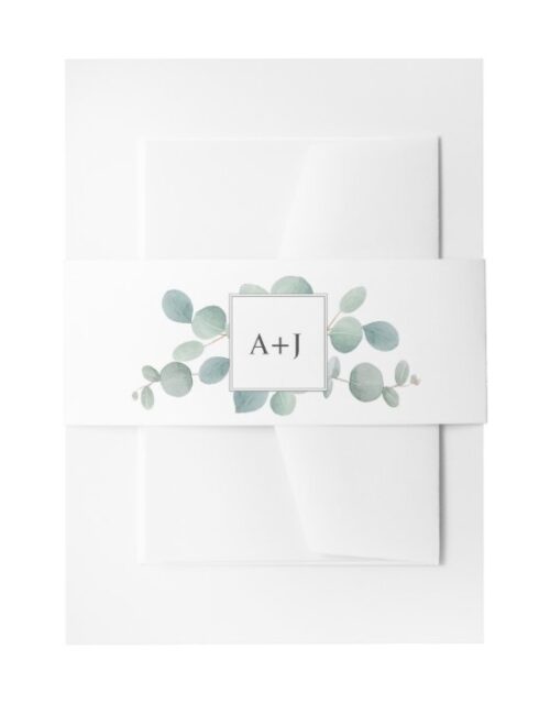 Watercolor Eucalyptus Greenery and Initials Invitation Belly Band