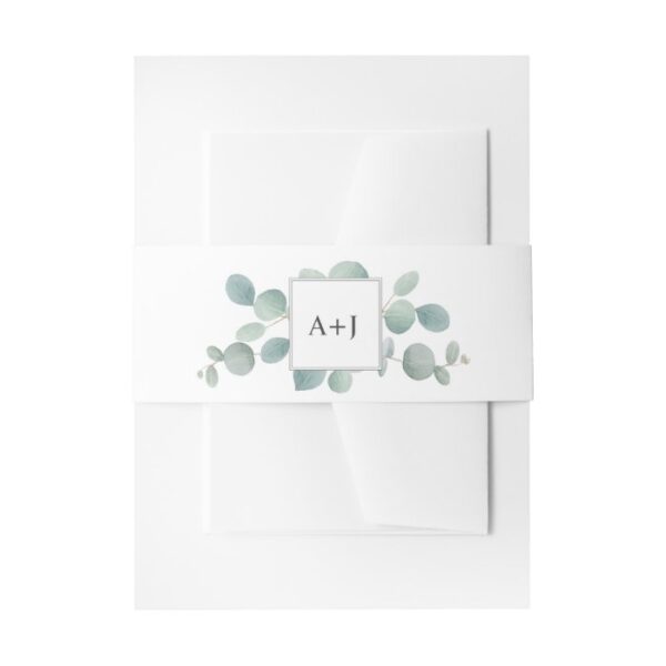 Watercolor Eucalyptus Greenery and Initials Invitation Belly Band