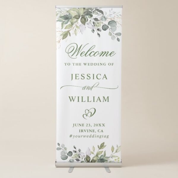 Watercolor Eucalyptus Greenery  Wedding Welcome Retractable Banner