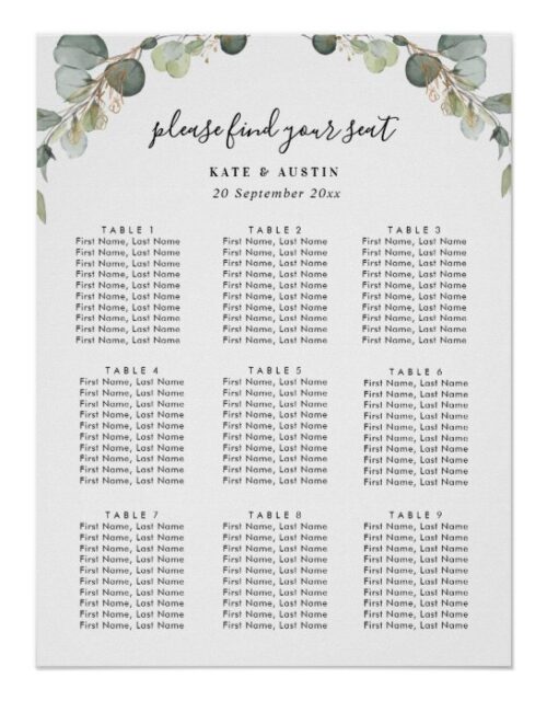 watercolor eucalyptus wedding seating chart