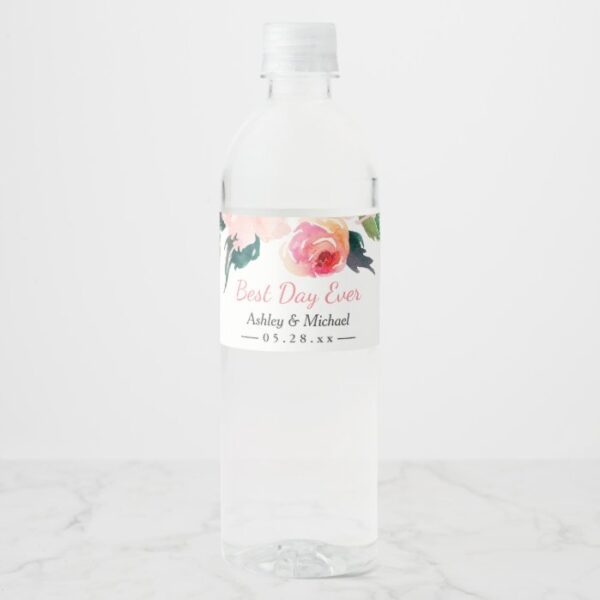 Watercolor Floral Best Day Ever Wedding Water Bottle Label