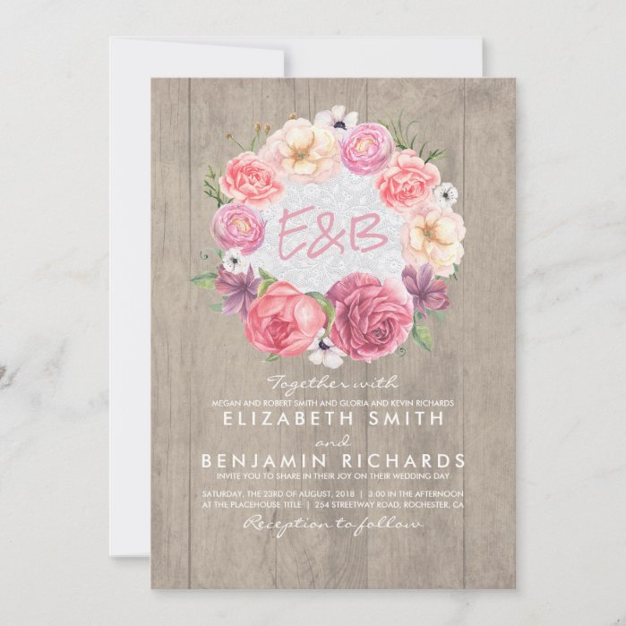Watercolor Floral Botanical Wreath Rustic Wedding Invitation
