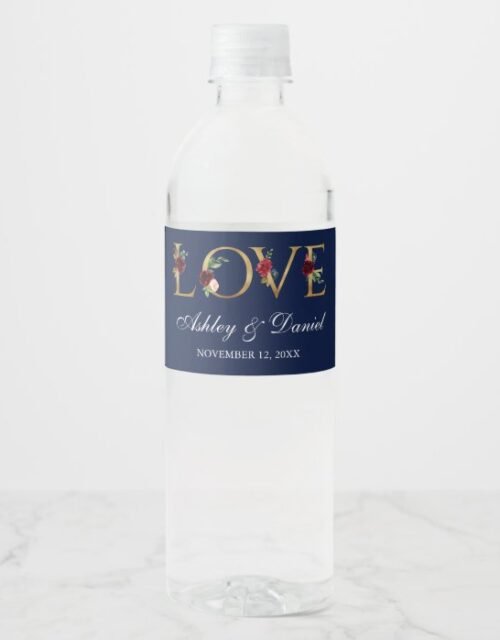 Watercolor Floral Burgundy Blue Gold Love Wedding Water Bottle Label