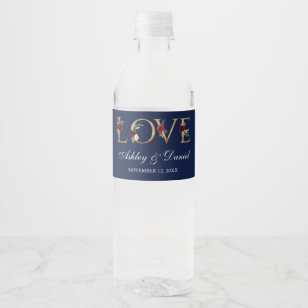 Watercolor Floral Burgundy Blue Gold Love Wedding Water Bottle Label