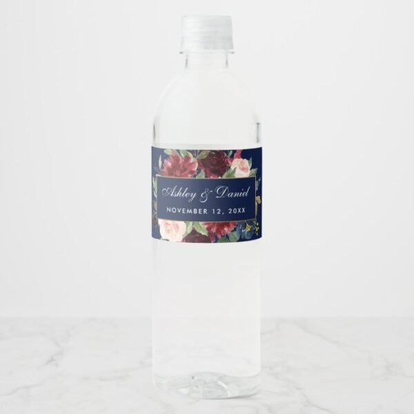 Watercolor Floral Burgundy Blue Gold Wedding Water Bottle Label