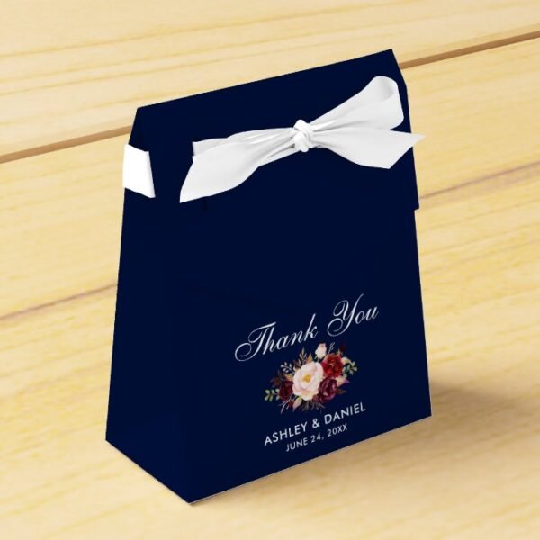 Watercolor Floral Burgundy Blue Wedding Thanks B Favor Box