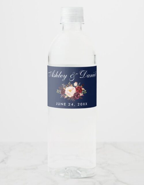 Watercolor Floral Burgundy Blue Wedding Water Bottle Label