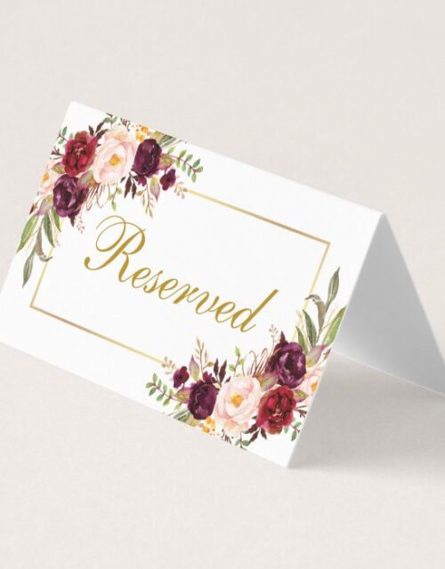 Watercolor Floral Burgundy Gold Wedding Reserved Place Card