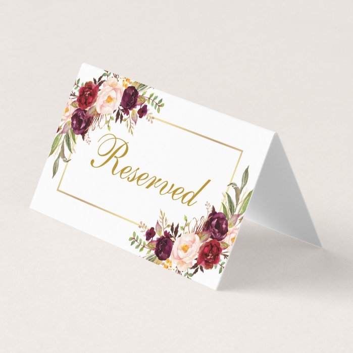 Watercolor Floral Burgundy Gold Wedding Reserved Place Card
