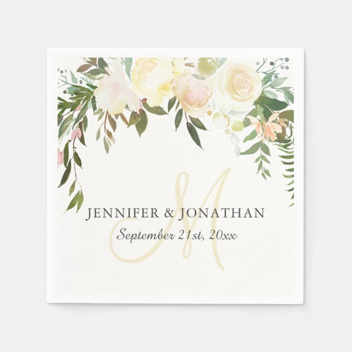 Watercolor Floral Pink Beige Ivory Wreath Wedding Napkins