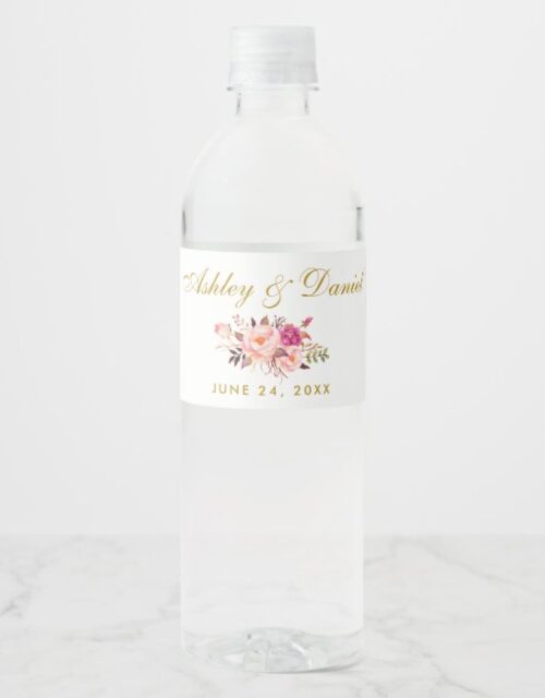 Watercolor Floral Pink Blush Gold Wedding Water Bottle Label