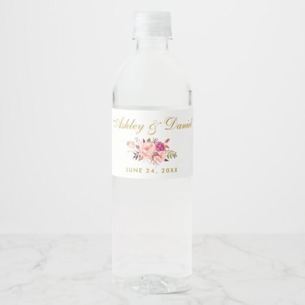 Watercolor Floral Pink Blush Gold Wedding Water Bottle Label