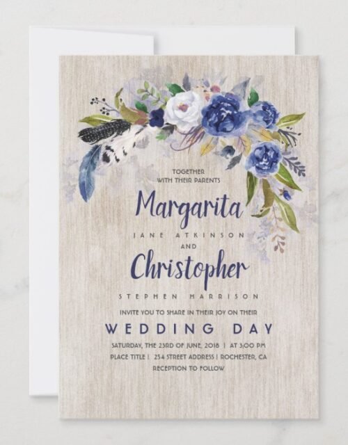 Watercolor Floral Rustic Navy Wedding Invitation