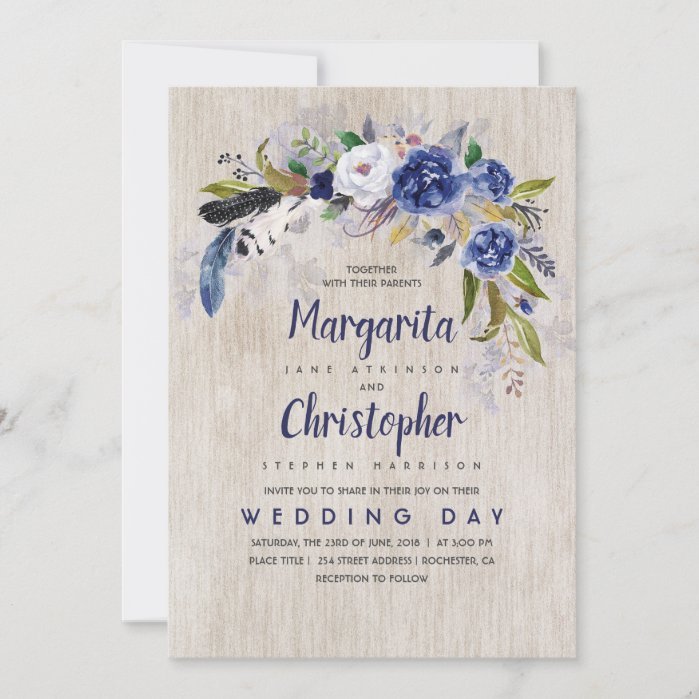 Watercolor Floral Rustic Navy Wedding Invitation