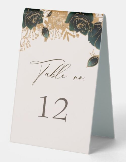 watercolor gold rose table number and wedding menu table tent sign