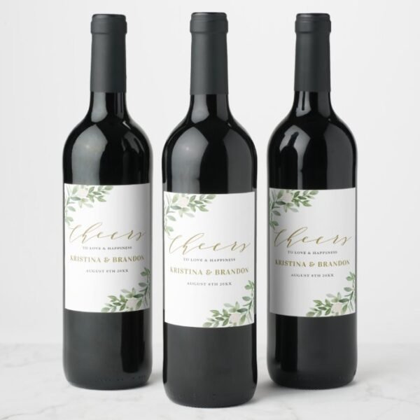 Watercolor Greenery and Flowers Cheers Wedding Wine Label