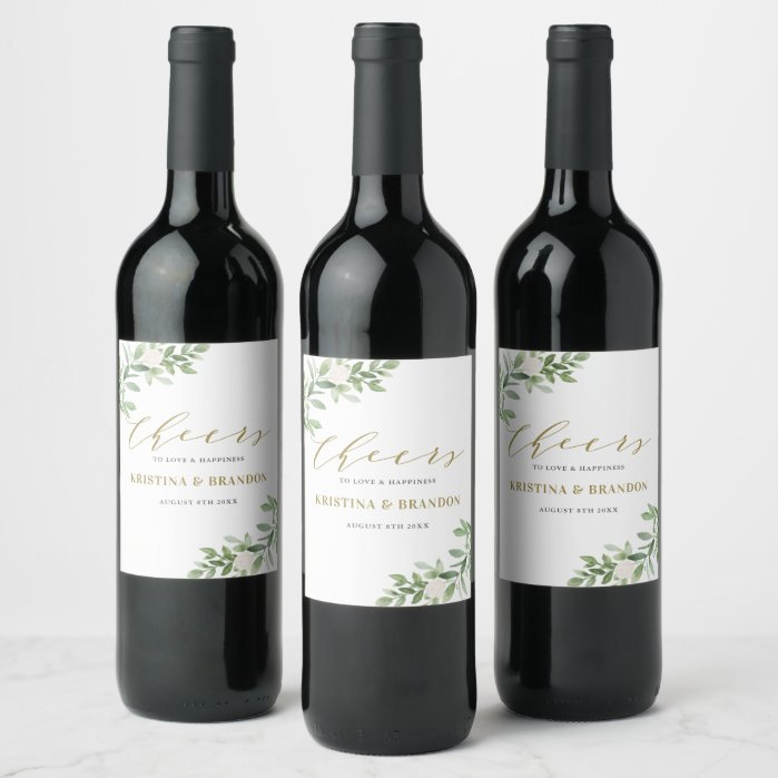 Watercolor Greenery and Flowers Cheers Wedding Wine Label