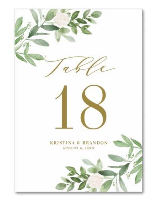 Watercolor Greenery and White Flowers Wedding Table Number
