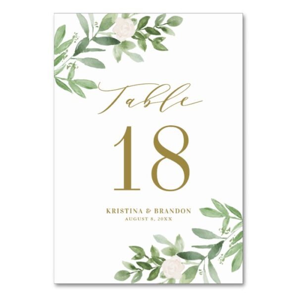 Watercolor Greenery and White Flowers Wedding Table Number