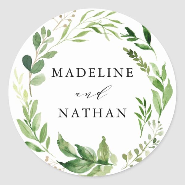Watercolor Greenery | Personalized Wedding Classic Round Sticker